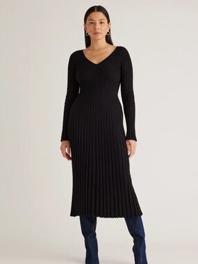 Quince Cotton Cashmere Ribbed Midi Dress Black Small NWT